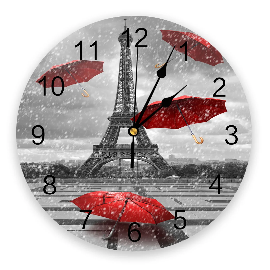 Paris Red Tower Umbrella Wall Clock For Home Living Room Bar Cafe Decor Silent Round Pvc Wall Clocks