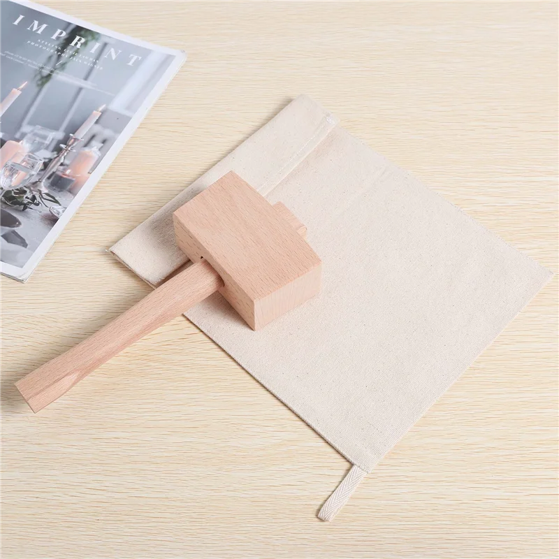 Pack of 2 Bags and 1 Piece Ice Mallet Set-Reusable Canvas Crushed Ice Bags with Wooden Mallet for Home Bar