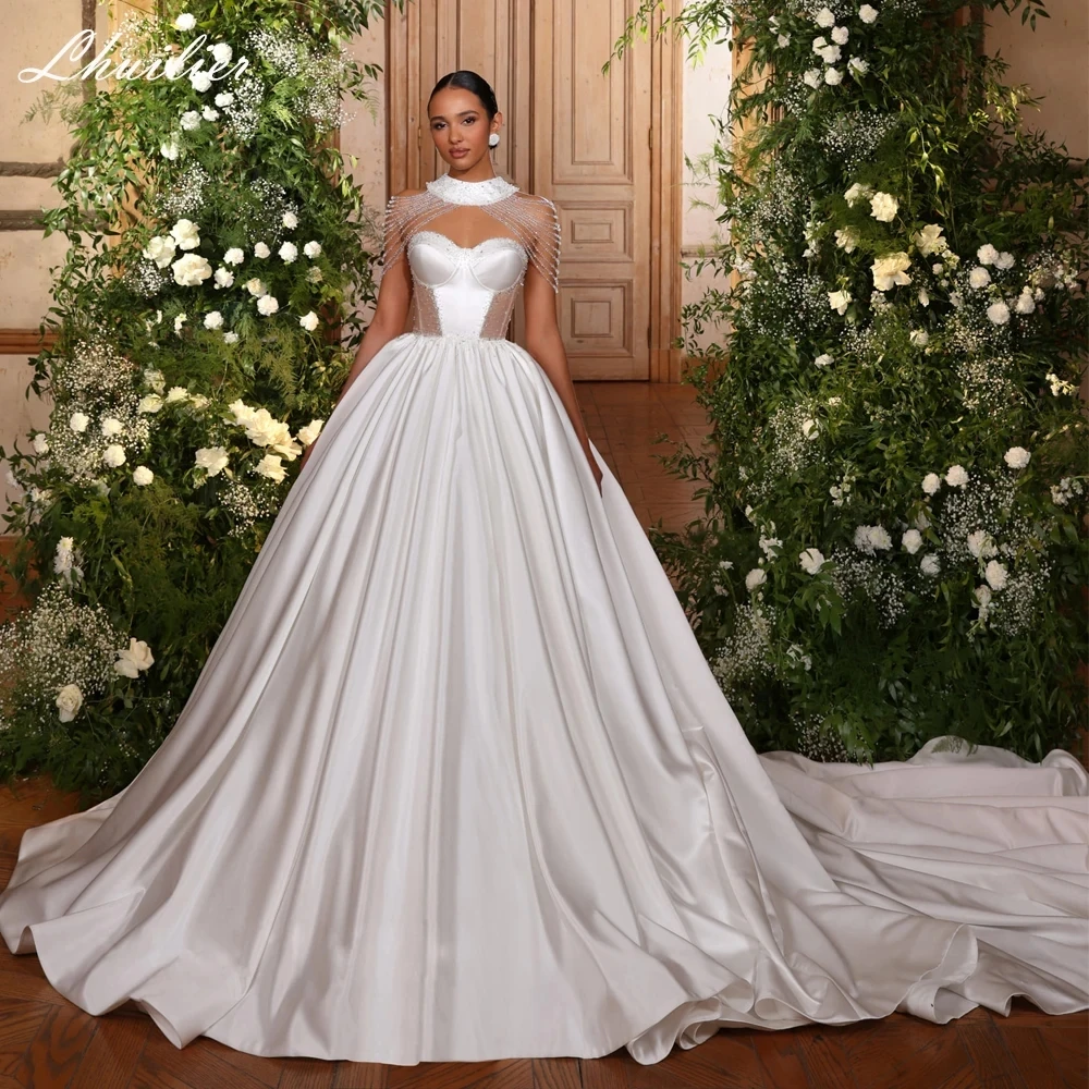 

2025 High Quality A Line Wedding Dress Strapless Illusion Beaded Satin Cathedral Train Princess Bride Gowns Vestidos De Noiva