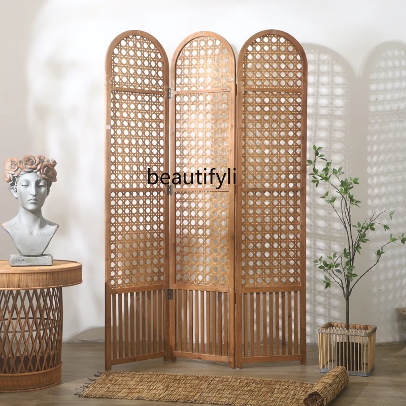 Chinese Style Handmade Bamboo and Rattan Weaving Craft Retro Triple Subareas Screens