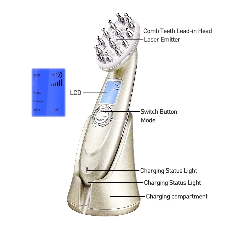 Электрическая лазерная расческа для роста волос EMS, инфракрасный RF вибрационный массажер, микротоковый уход за волосами, лечение выпадения, восстановление роста волос