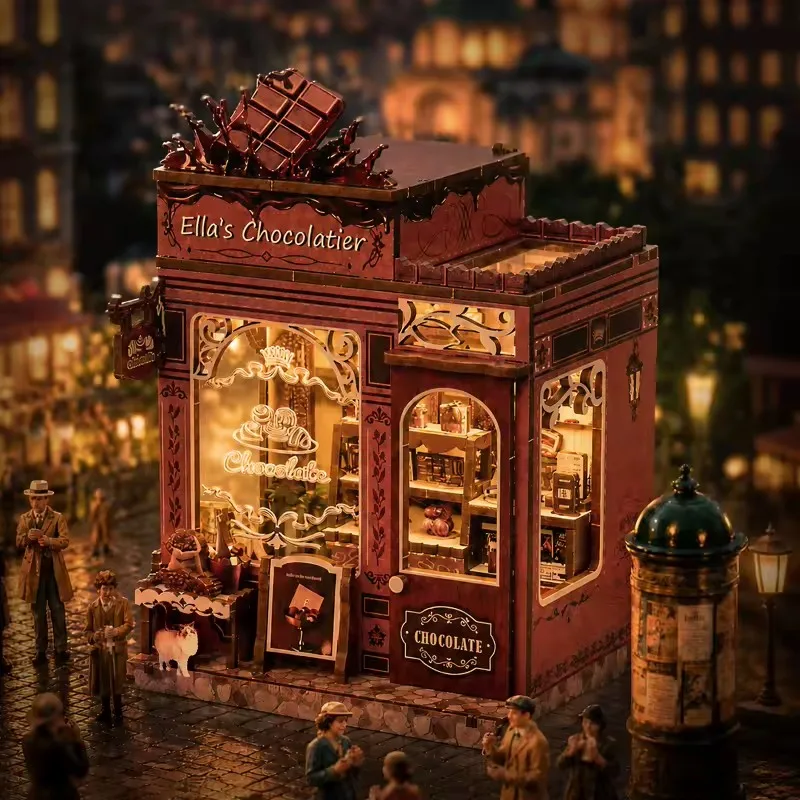 DIY 3D Wooden Ella's Chocolatier Shop Cottage Jigsaw Puzzles Miniature Model Kits Mini Casa for Friends Birthday Gifts