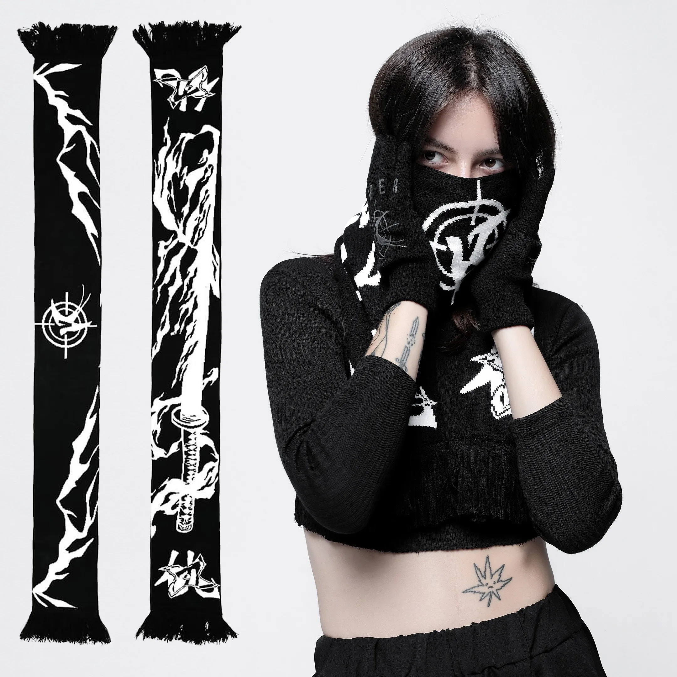 Fashion creative Goth striped Samurai Sword knitted women's scarf men's winter scarf apron black tassel luminous Y2K Kpop