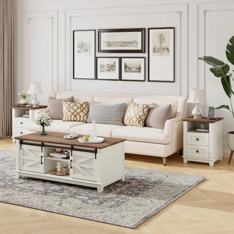 LUXOAK Farmhouse Table Set of 3, Coffee Table with Sliding Barn Doors, End Tables Set of 2 with Charging Station for Living Room