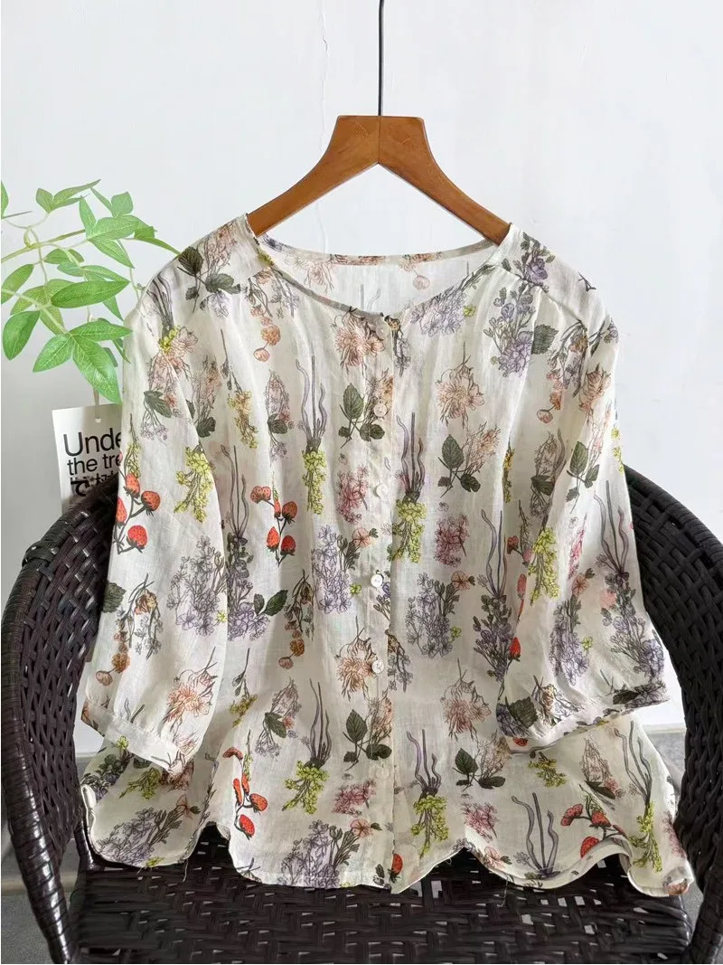 Retro Floral Print round Neck Seven Sleeve Women's Shirt Summer New Style Country Life Style Loose Fit Cotton Lantern Sleeve