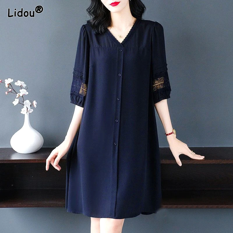 2023 Summer Elegant V-neck Patchwork Lace Hollowed Out Solid Color Westernized Loose Casual Minimalist Women's Oversized Dress