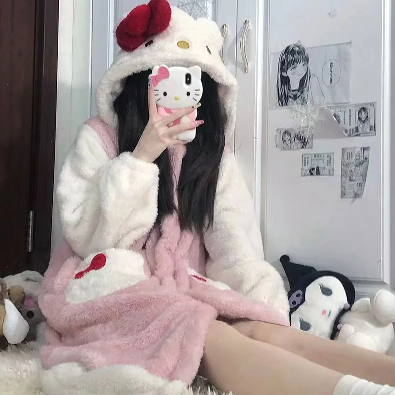 Winter Cute Thick Warm Nightdress for Women Hooded Pajamas Long Flannel Nightgown Robe Cosplay Hooded Plush Sleep Wears