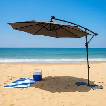 *Stand Alone Outdoor Large Offset Patio Table Deck Umbrella With Lighted Parasol
