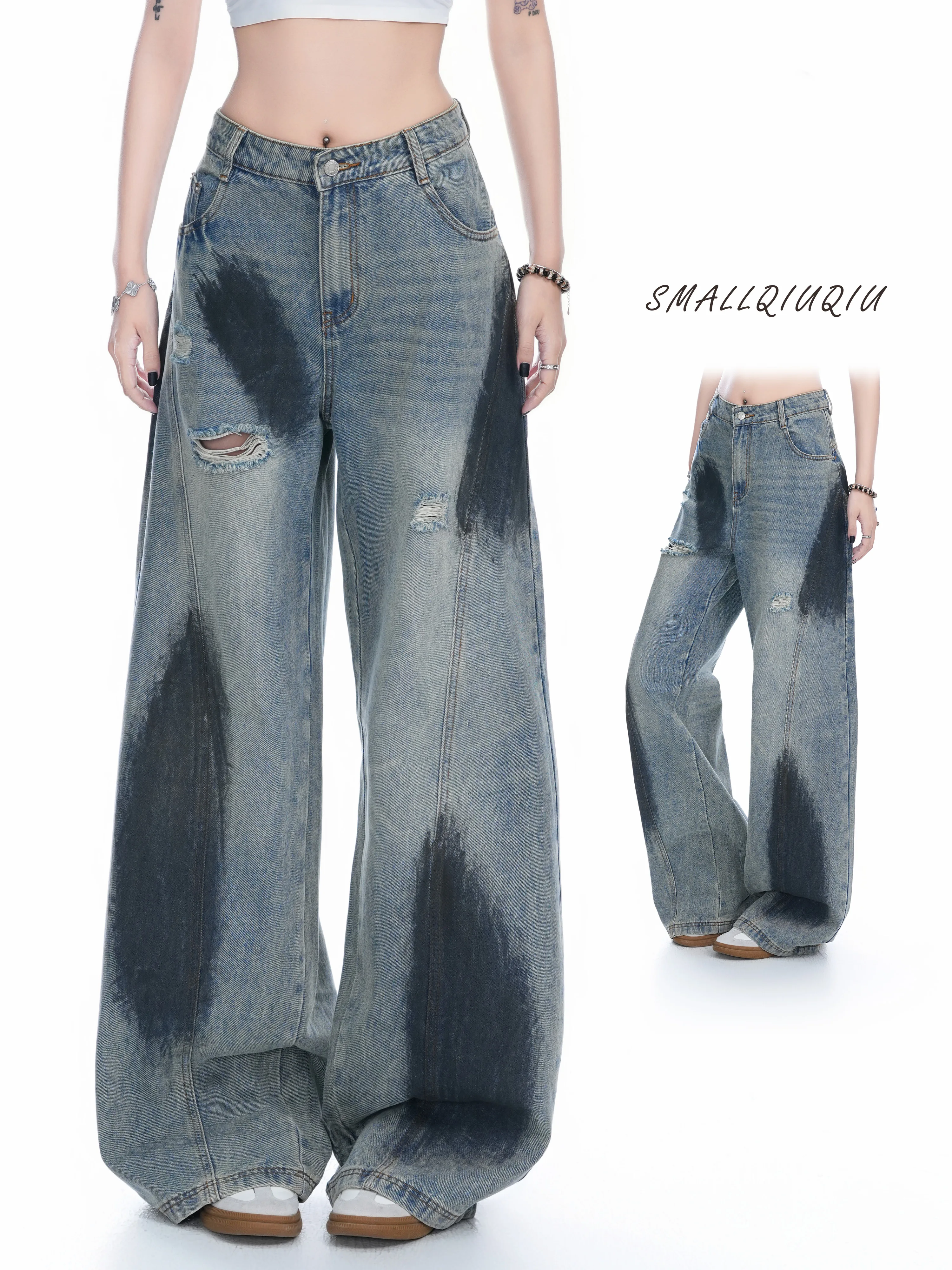 Original American Retro Graffiti Tie Dye Wide Leg Jeans Women Loose Straight Cut Floor Length Trousers Fashionable Summer Jeans