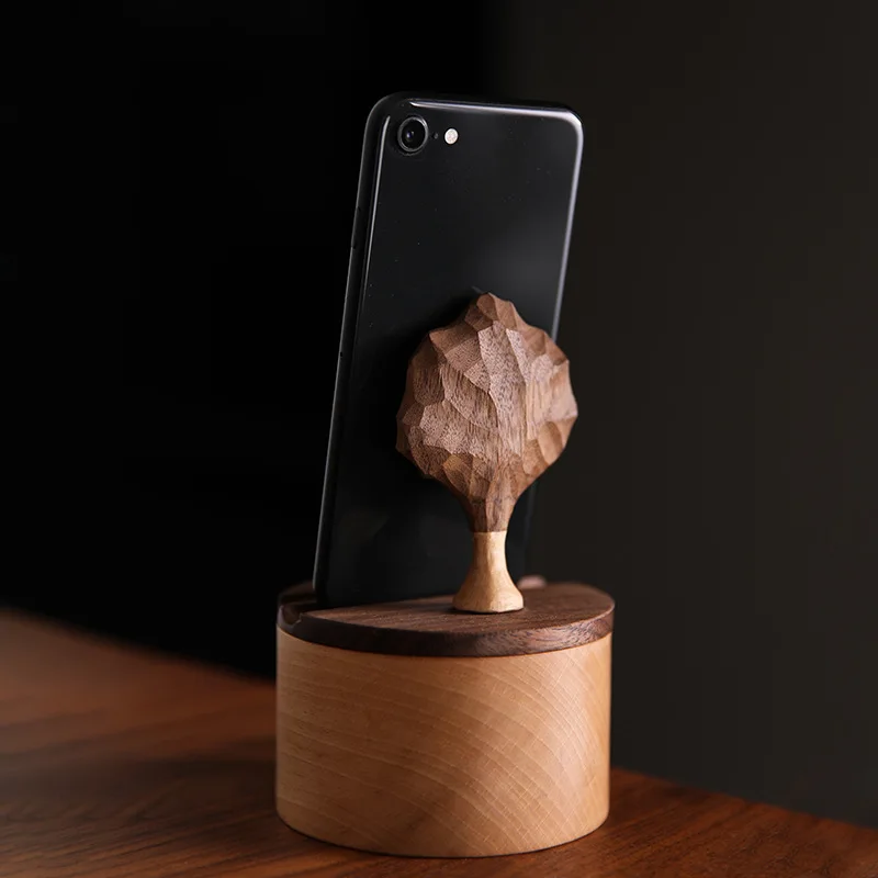 Solid wood mobile phone holder, lazy creative tree-shaped universal mobile phone holder, multi-functional pendulum, earphone