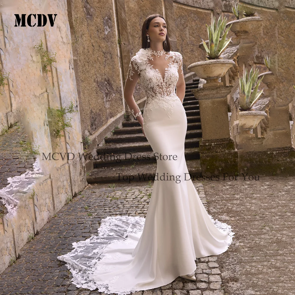 

MCDV Mermaid Lace Wedding Dresses 2026 Bridal Full Sleeve Applique Robe De Mariée O-Neck Satin Sweep Train Party Gown Customized