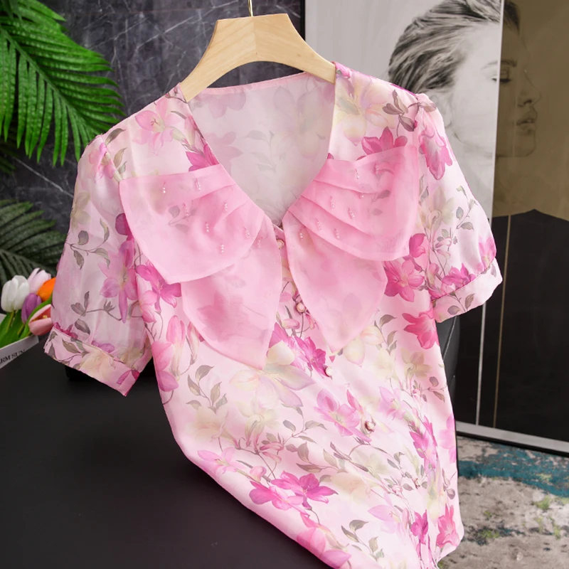 

Романтичная и нежная женская блузка из шелка с цветочным узором и узлами, розового цвета, с V-образным вырезом, для повседневной носки