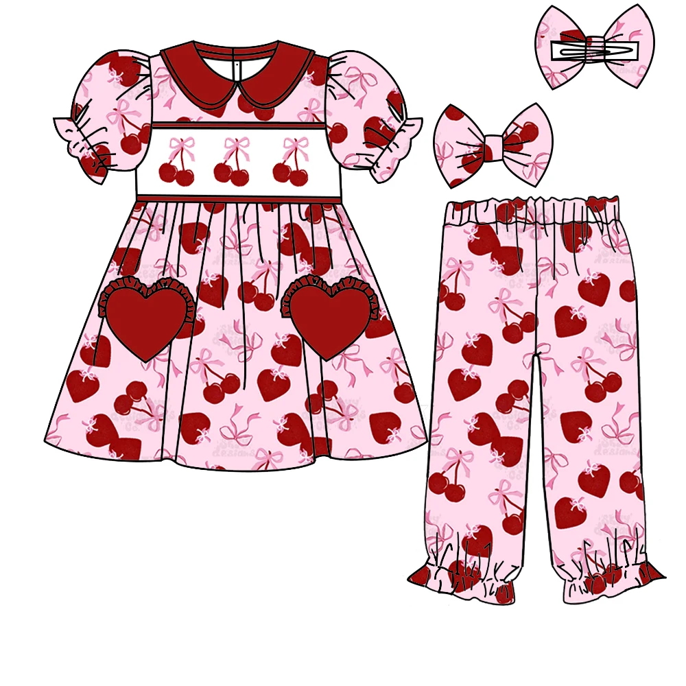 Valentine's Day Children's Boutique Clothing Customized Milk Silk Matching Pajamas for Boys and Girls Heart Pocket Design Cherry