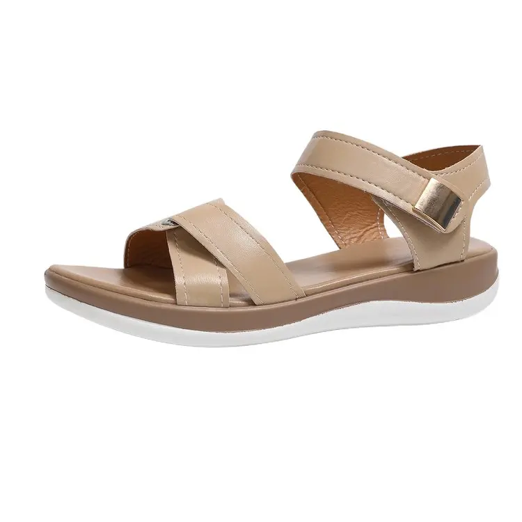 2026 Damen Sommer Flache Sandalen Mode Metallschnallen-Riemensandalen Runde Zehen Offene Zehen Lässige Bequeme Strand-Römersandalen für Frauen – Detail 15
