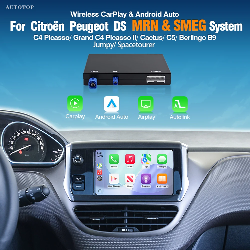Module AUTOTOP Carplay et Android Auto sans fil pour Citroën C4 C5 Peugeot 208 308 508 3008 DS3 DS4 DS5 SMEG Airplay Mirror Link