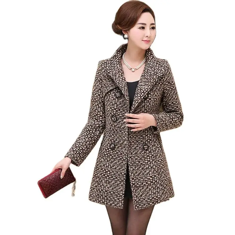 

Plaid Double-breasted Coat Long Women Jacket Femininos Ladies Overcoat Autumn Winter Wool Woolen Coat Female