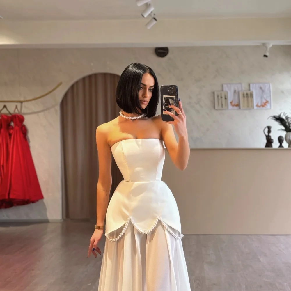 Amanda Customized White Pearls Strapless Two-Piece Set Prom Dresses Sleeveless vestidos de noche Satin A-line Formal Evening image 3