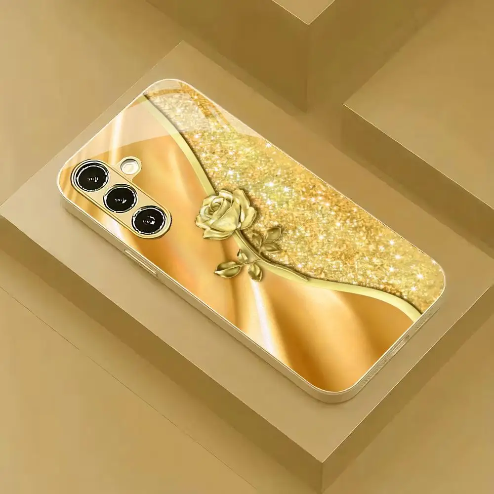 Golden rose plated glass phone case suitable for Samsung Galaxy S26 S25 S24 S23 S22 S20 FE/Ultra/Plus anti drop back cover
