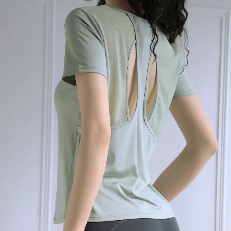 Women sports loose fast dry fitness short sleeve T-shirt beauty back splicing yoga clothes