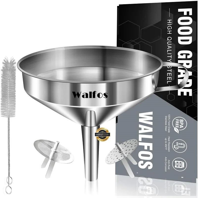 WALFOS1pcs/2pcs/3pcs Stainless Steel Funnel Kitchen Oil Funnel Metal Funnel With Removable Filter Wide Mouth Funnel Canning Tool