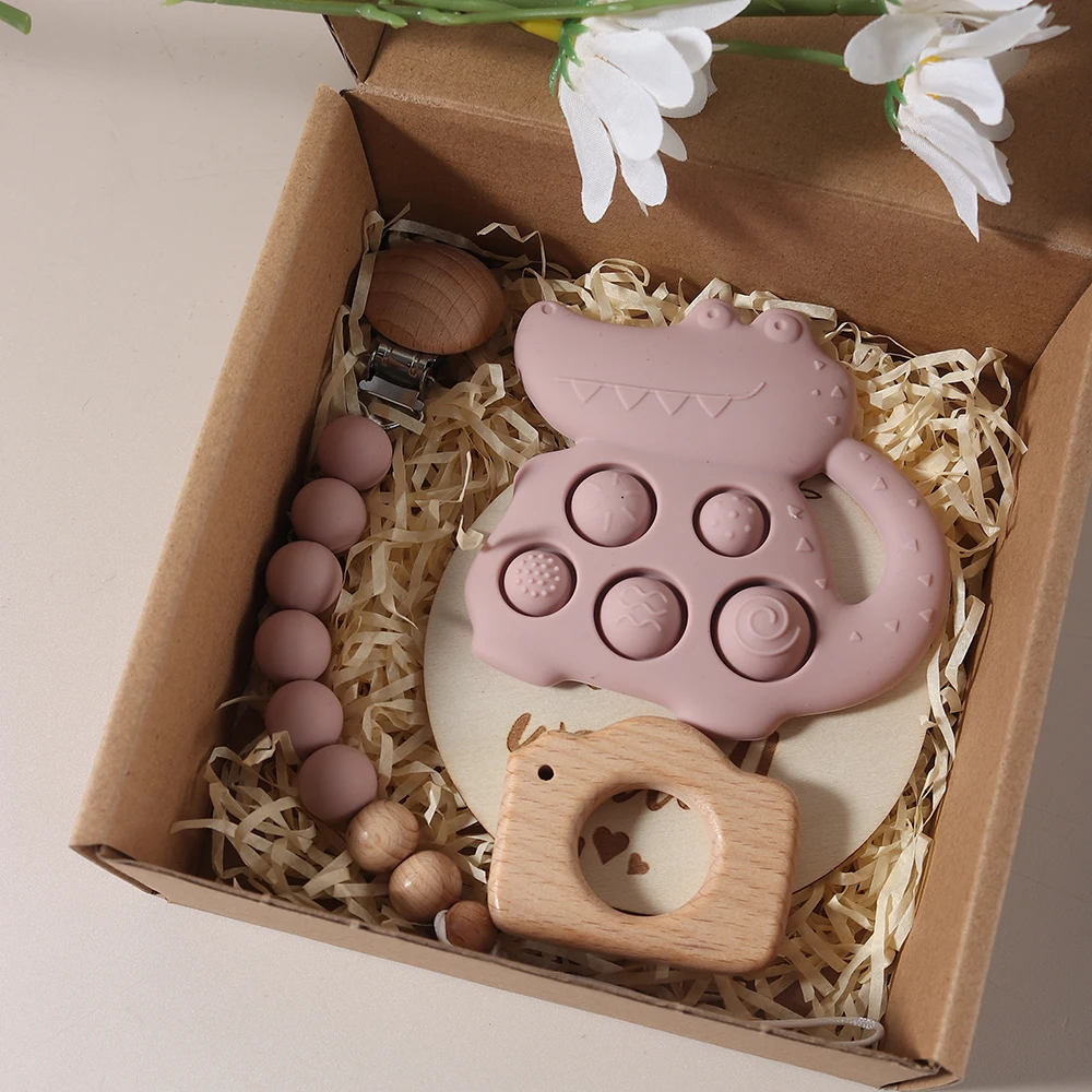 4pcs Baby Gift Set Newborn Photography Props Set Crocodile Teether Pacifier Chain Set