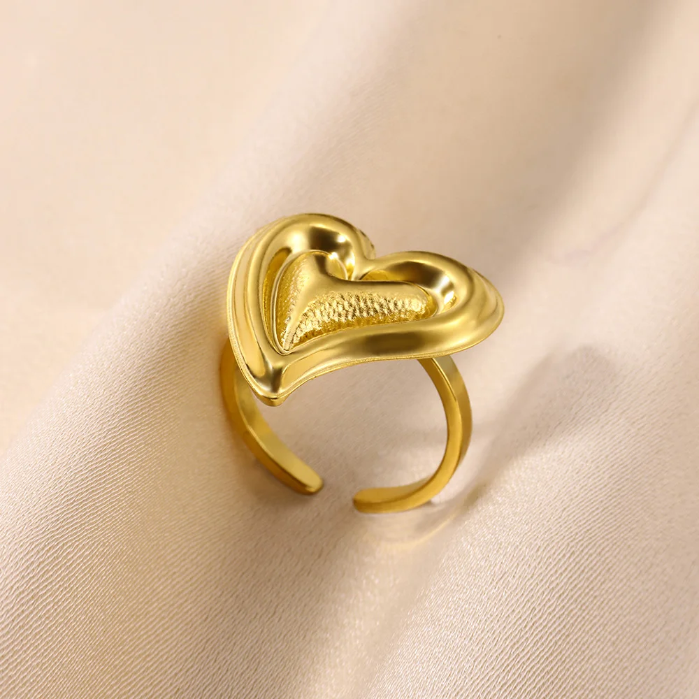 Delicate Heart Love Opening Rings For Women Fashion Gold Color Stainless Steel Bague Jewelry Femme Bijoux Wedding Gift Anillos