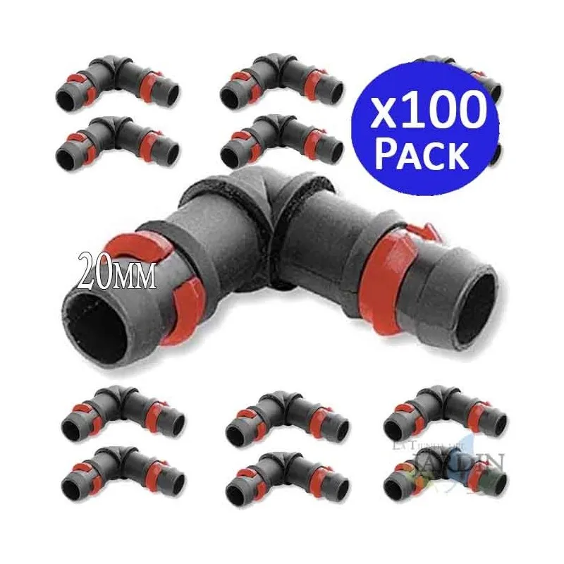 100x20MM drip elbow with safety ring. Union for irrigation tube 20mm. Black Color.