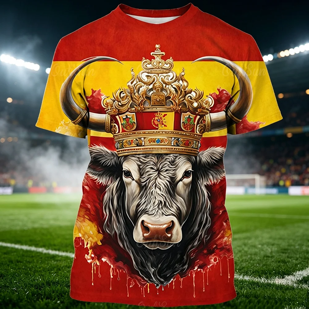 Spain Bull Crown Flag T-Shirt for Men 3D Printed National Symbol Patriotic Football Fan Short Sleeve Crew Neck Family Kids Tees