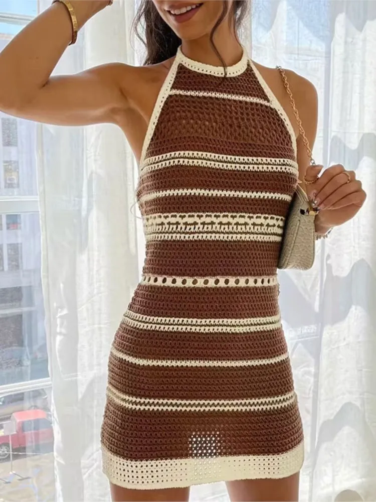 Robe de plage en tricot pour femmes, Sexy, ajourée, col rond, sans manches, Cover-Up pour Bikini, robe de vacances, été, 2026