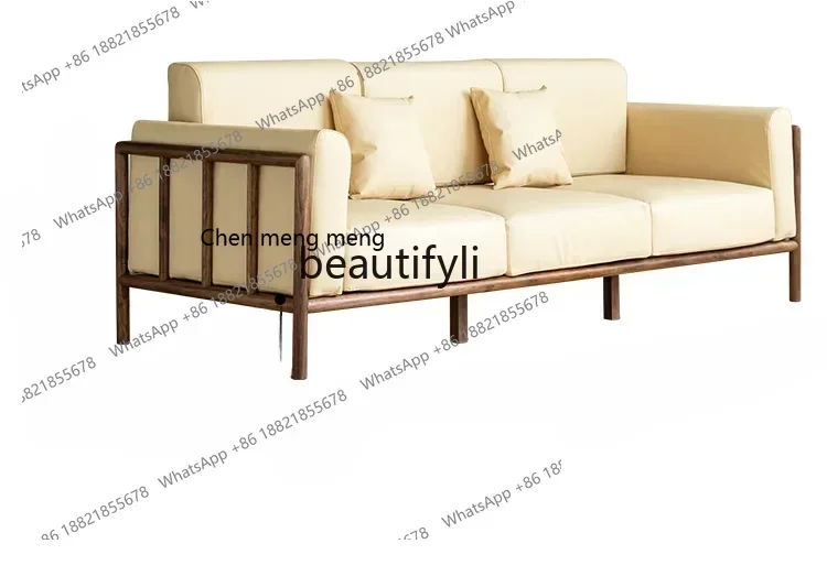Black Walnut Solid Wood Sofa Genuine Leather Nordic Living Room Sofa Three Four-Seat Wooden Frame Fabric Sofa