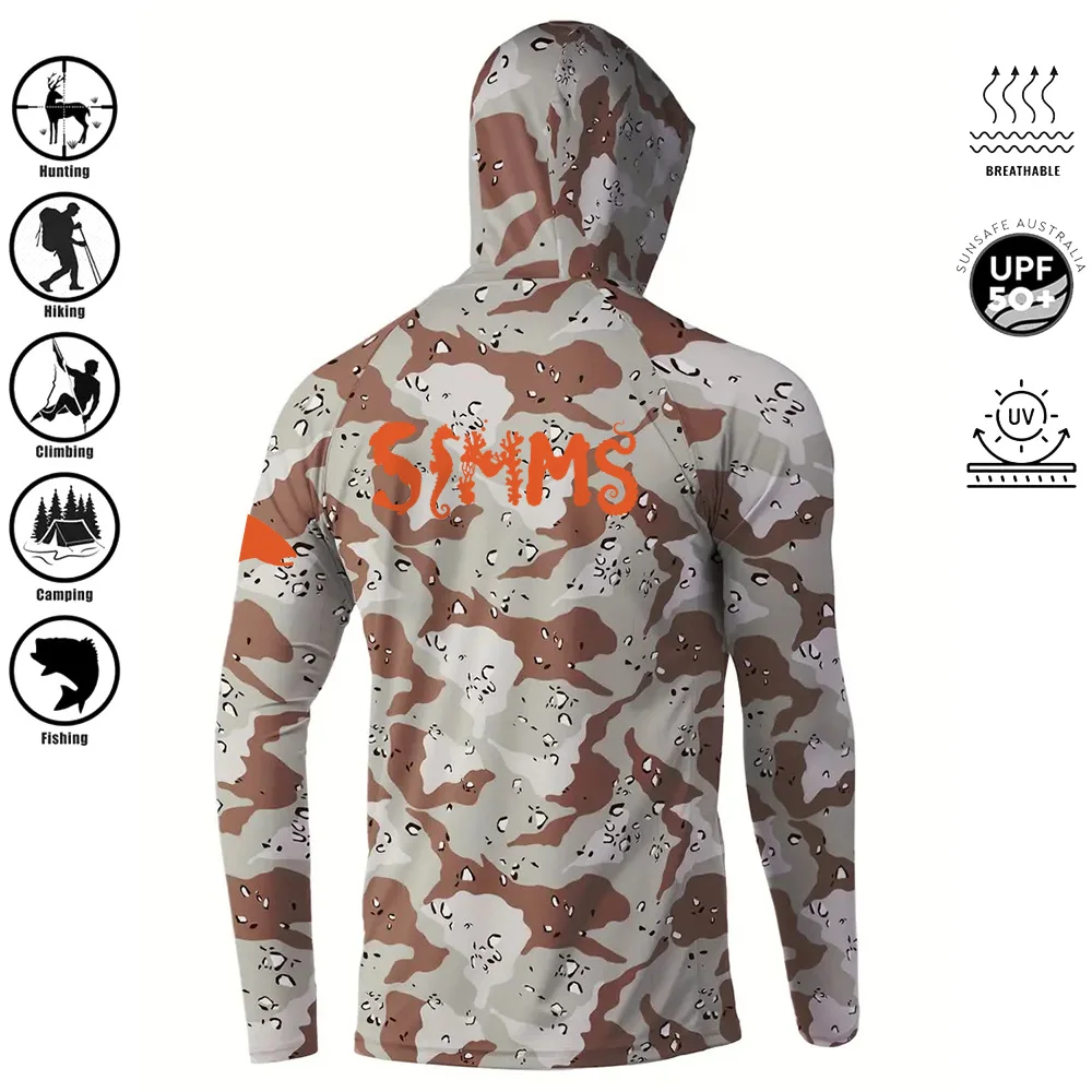 Men's camouflage printed hooded fishing shirt UPF50+long sleeved UV resistant top, summer sports sun protection clothing