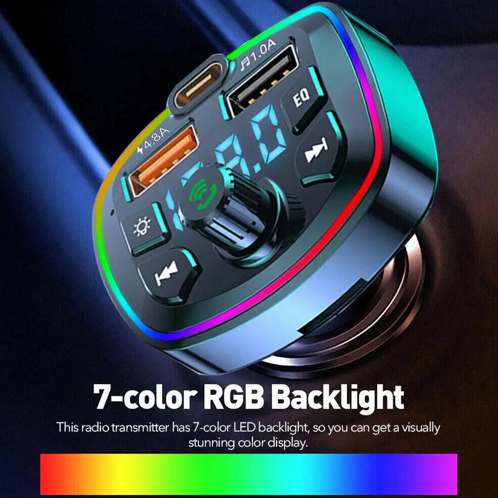 Car Charger FM Transmitter Bluetooth5.0 Hands Free Player U Disk Card PD AUX Dual MP3 FastCharging Music 3.1A USB Port True C4R8