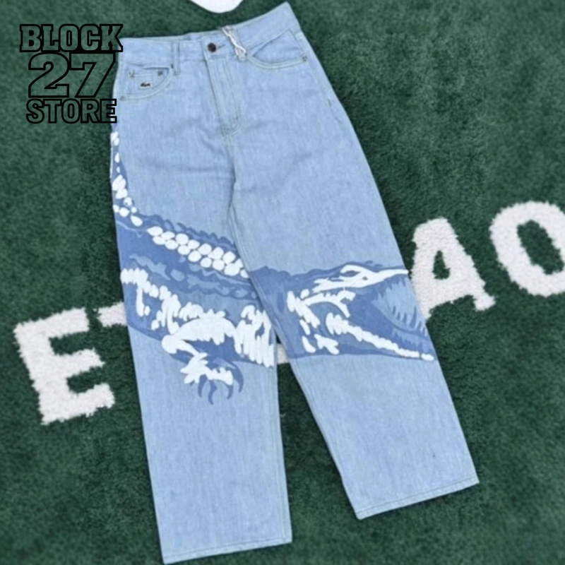 Mens Jeans Vintage Washed Crocodile Print Denim Pants Harajuku Unisex Straight Leg Loose Fit Casual Streetwear Fashion Trend New