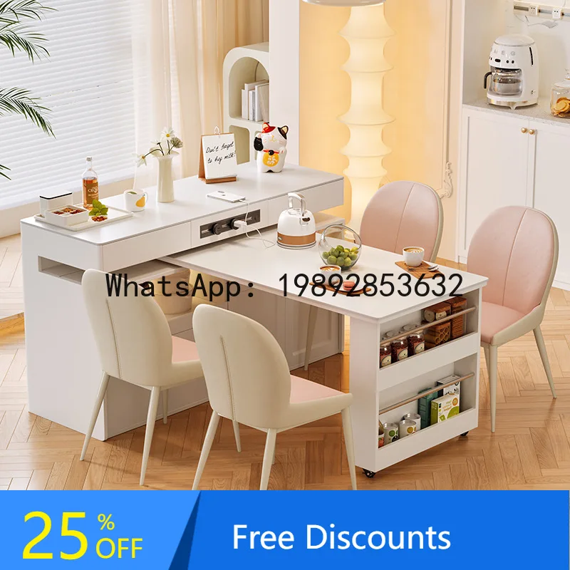 LYY Multifunctional Bar Table Dining Table Integrated Home Use Extendable Cream Style White Rock Board Solid Wood Island Table