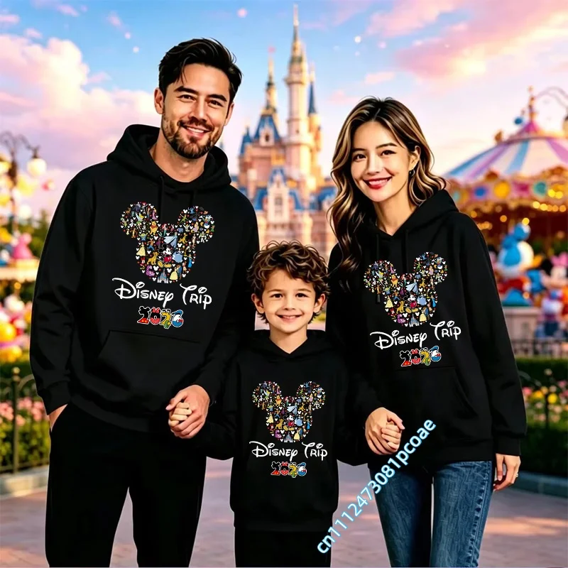 2026 Disney Mickey and Minnie Kids Hoodie - Parents and Kids Cozy Set - Castle Cartoon Print Sport Shirt - Long Sleeve