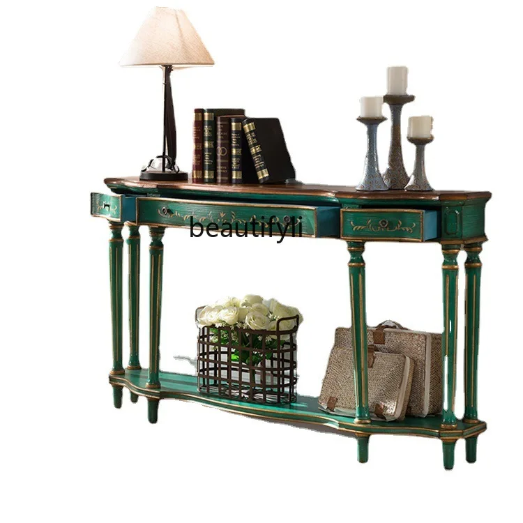 Solid Wood Entryway Table Three Drawers Wall-Mounted Narrow Side Cabinet Sofa Back Table European Style Corridor Table Vintage