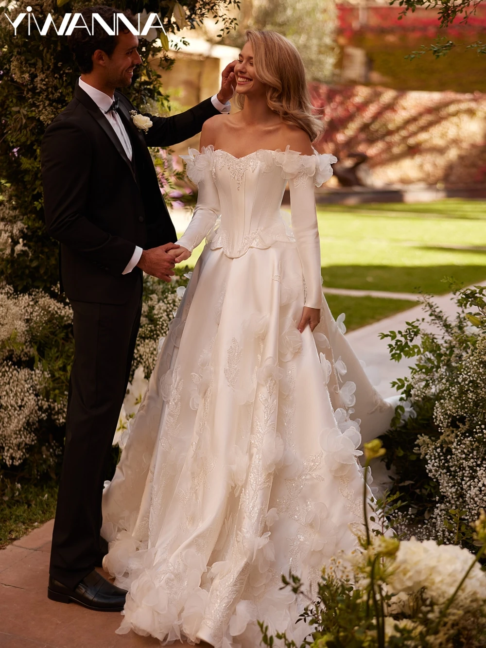 

Exquisite Beaded 3D Flower Wedding Dress Charming A-line Satin Long Bridal Gown New Customized Off Shoulder Dresses For Bride