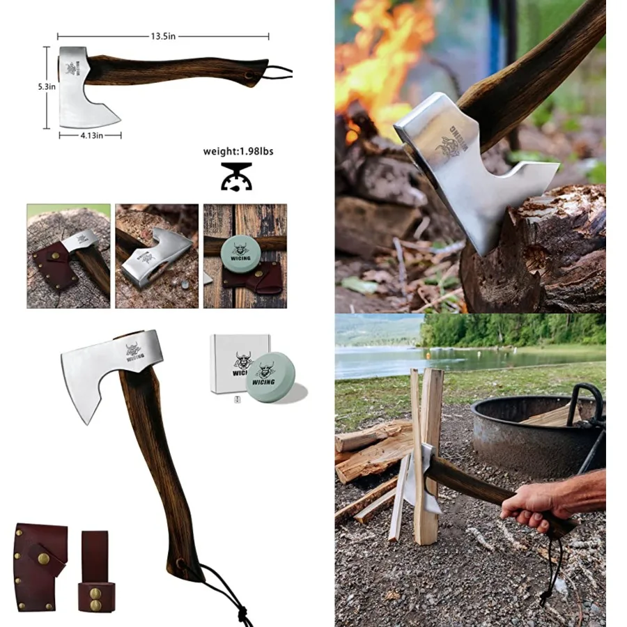 

13.5 Inch Hatchet, Camping Axe 1055 Carbon Steel and Beech Handle, Survival Hatchet with Leather Sheath for Wood Splitting and