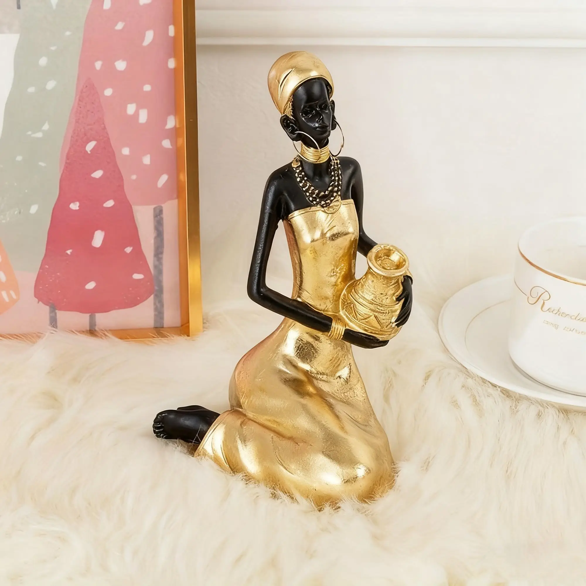African Girl Home Decoration Storage Sculpture Living room Office Decorative Ornament Vintage