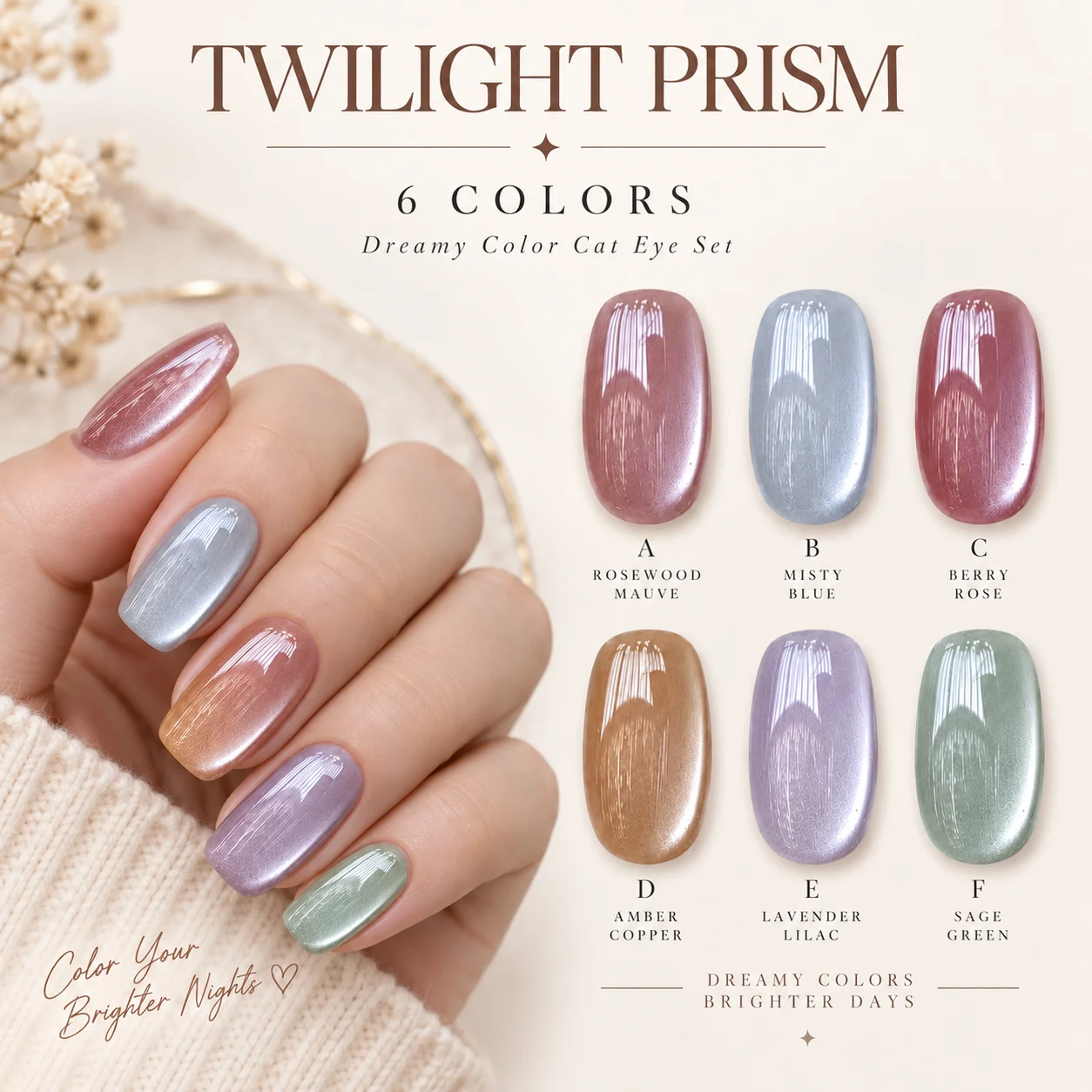 6 Colors Cat Eye Gel Polish Set 8ml Each Silky Magnetic Shimmer Moonlight Nude Or Twilight Prism UV LED Cure
