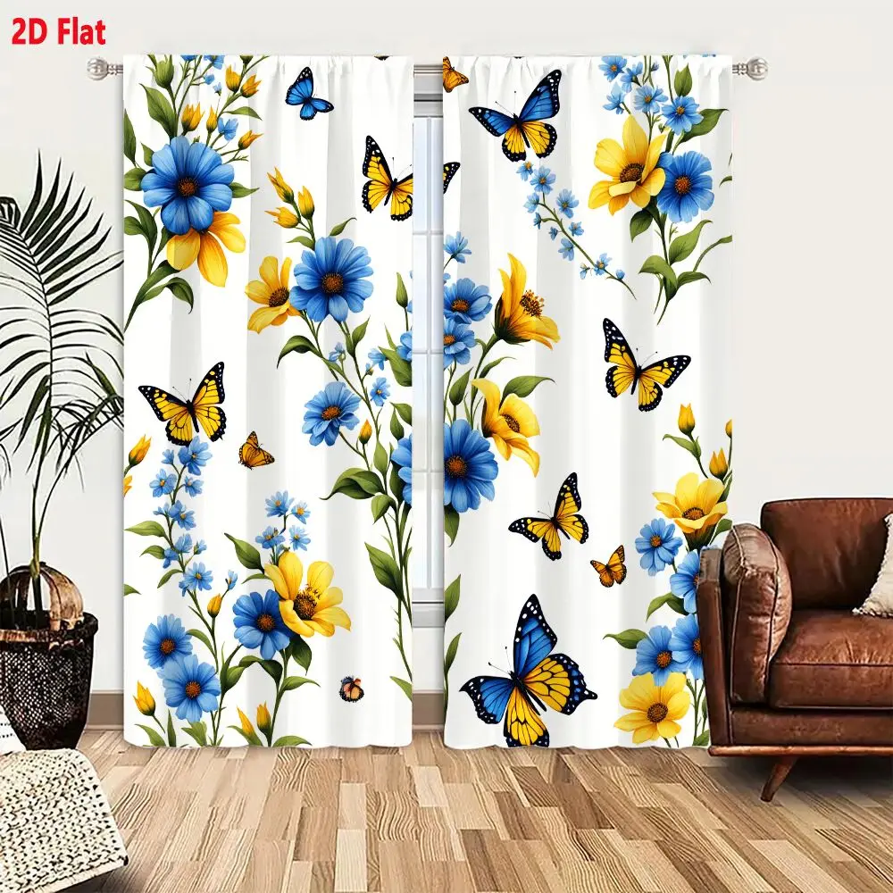 2Pcs Curtains 2D Flat White Background Blue Yellow Flowers Green Leaves Butterflies Whimsical Floral Pattern Wallpaper Fabric Pr