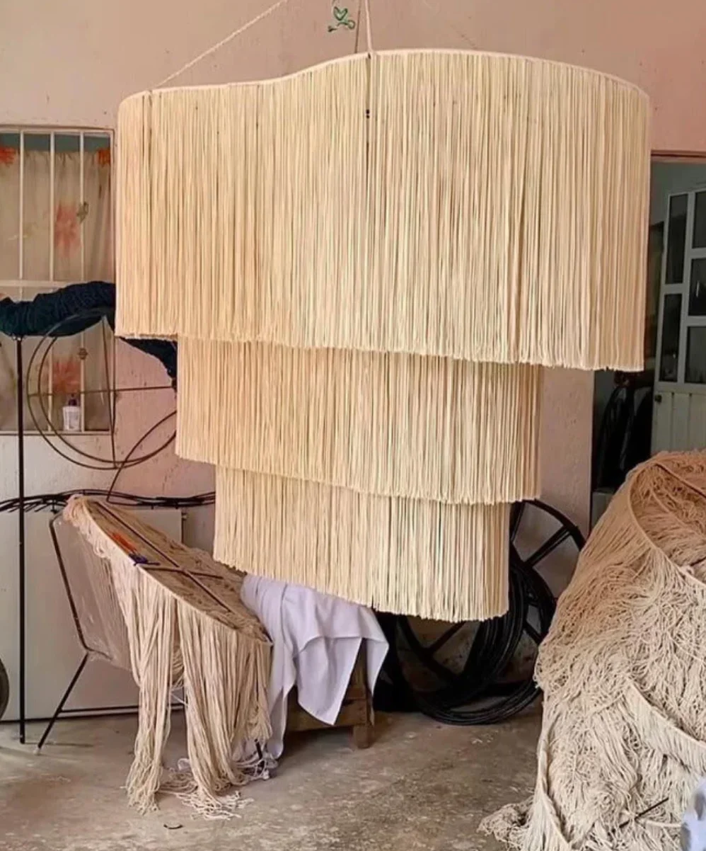 #￥Three-layerWavy Cotton Thread Tassel Chandelier Bohemian B&B Style Living Room Ambient Light Pure Handmade Customizable Colors
