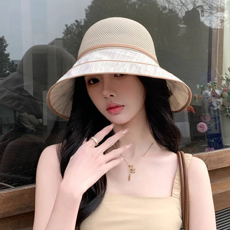 New Korean style women's hat in spring and autumn, knitted mesh bow fisherman hat, colorful rubber sunscreen hat in summer