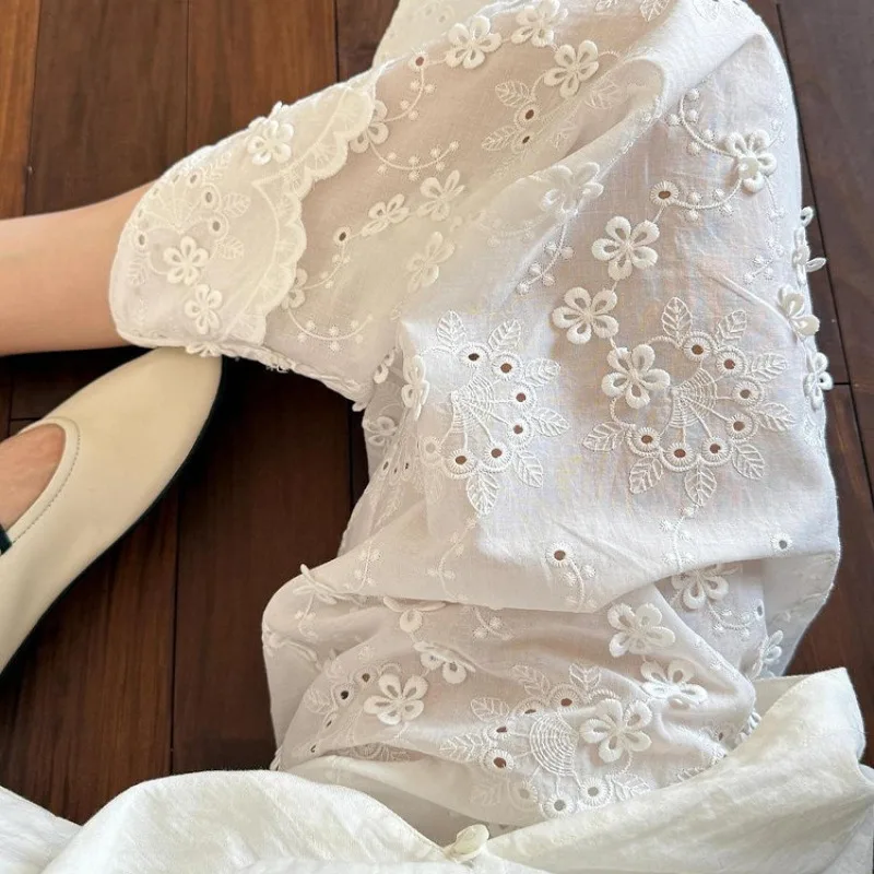 2026 New Embroidered Flower Hollow Women's Casual Pants Summer Korean Fashion Straight Tube Loose Pants Women Streetwear