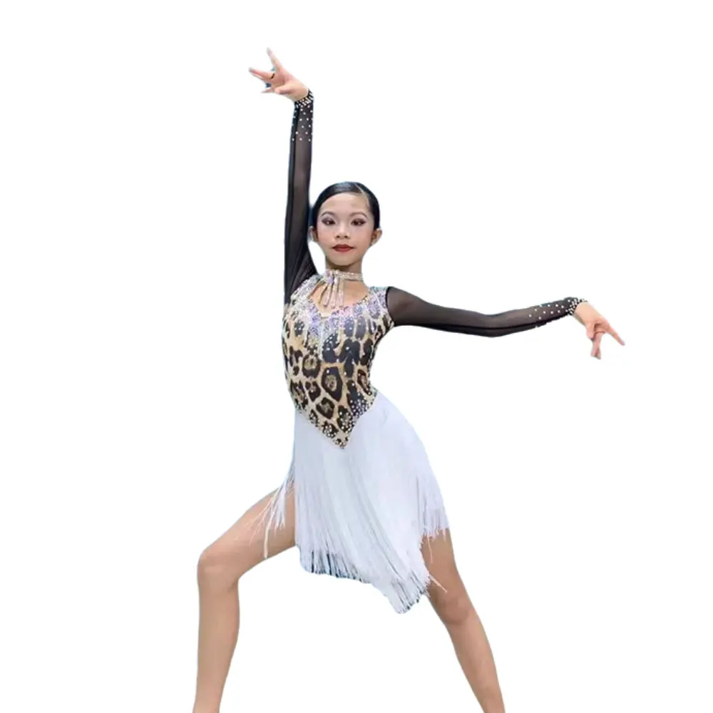 ชุดเต้นรำละติน, ประดับด้วยคริสตัล, ชุดเดรสลายดอกไม้พิมพ์ลายเสือดาวสั่งทำพิเศษระดับไฮเอนด์สำหรับผู้ใหญ่และเด็ก, ชุดแสดงแซมบ้า