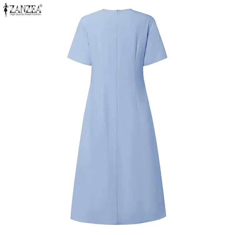 ZANZEA Damen-Kleid, elegant, schick, plissiert, Midikleid, Sommerkleid, stilvoll, O-Ausschnitt, kurzärmelig, A-Linie, OL-Arbeitskleider, einfarbig, Vestidos – Detail 20