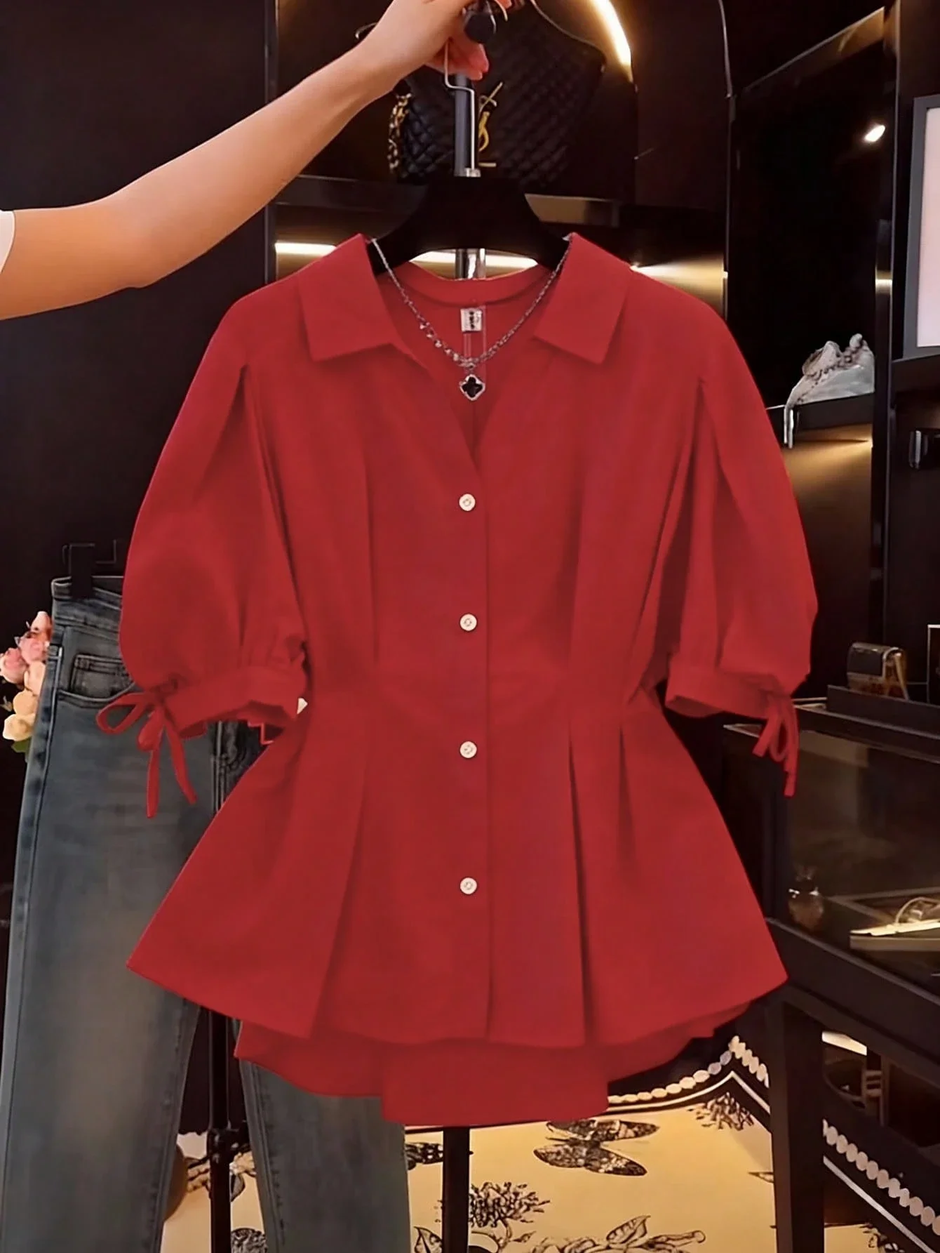 

Elegant Red Short Sleeve Blouse With Ruched Waist And Puff Sleeves