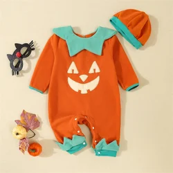 2024-08-08 Lioraitiin Baby Pumpkin Costume Long Sleeve Round Neck Embroidery Fleece Jumpsuit and Hat Set Halloween Outfit