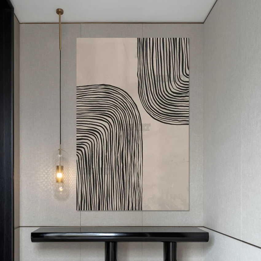 Black Thick Lines Acrylic Painting, Hotel Corridor Wall Decorative Item, Abstrac Acrylic Painting, Panel Art on Canvas, Original