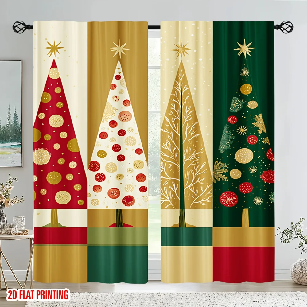 2pcs Christmas Tree Blackout Curtains, Red Gold Green Color Thermal Insulating for Living Room Bedroom Holiday Decor
